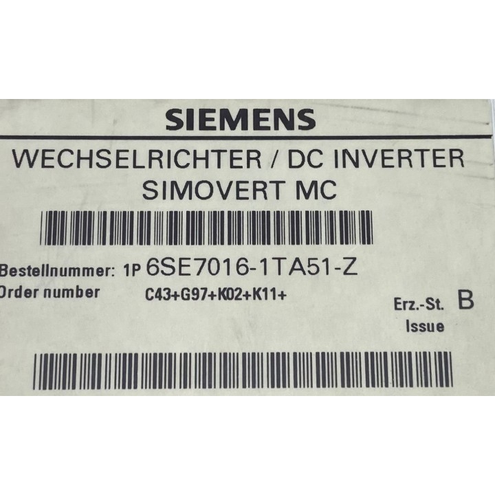 Variateur SIEMENS 6SE7016-1TA51-Z C43+G97+K02+K11