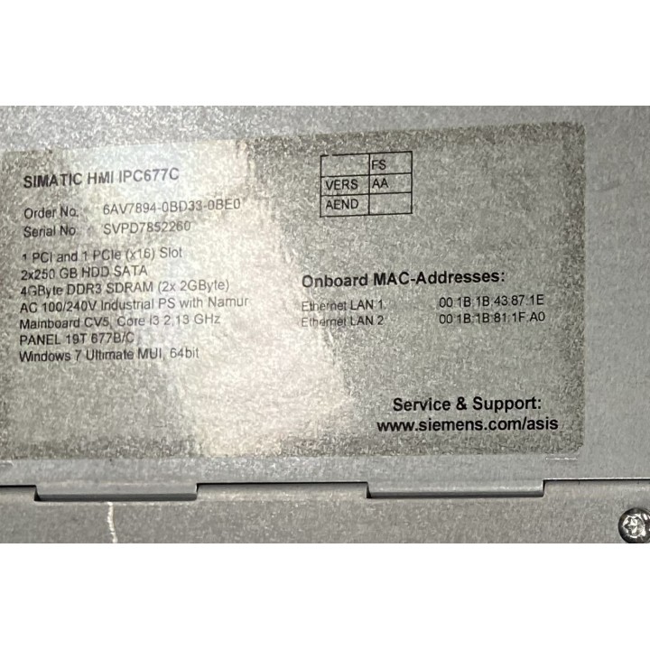 SIEMENS HMI IPC677C SIEMENS PANEL 19T 677B/V avec 6AV7894-0BD33-0BE0