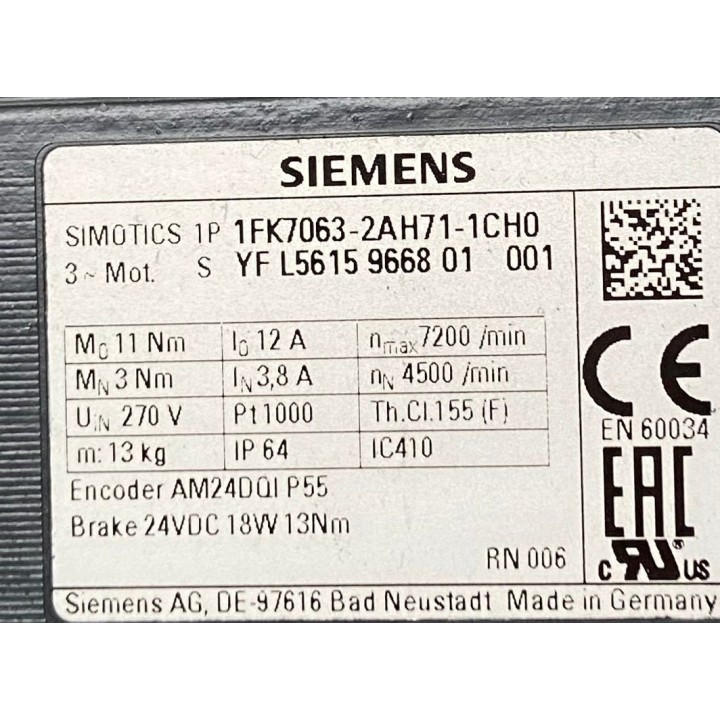 Moteur SIMOTICS 1P SIEMENS 1FK7063-2AH71-1CH0