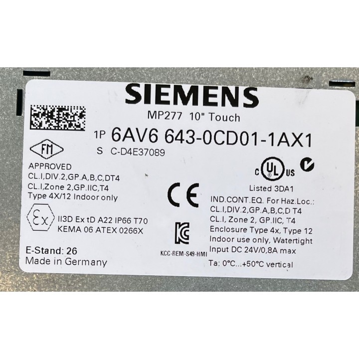MP277 10" Touch SIEMENS 6AV6643-0CD01-1AX1 SIEMENS 6AV6 643-0CD01-1AX1