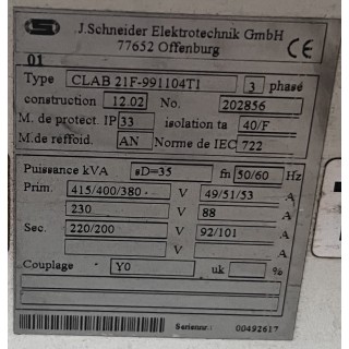 Transformateur 35 kVA Primaire 400 v Secondaire 220 v