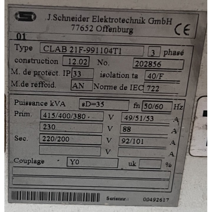 Transformateur 35 kVA Primaire 400 v Secondaire 220 v