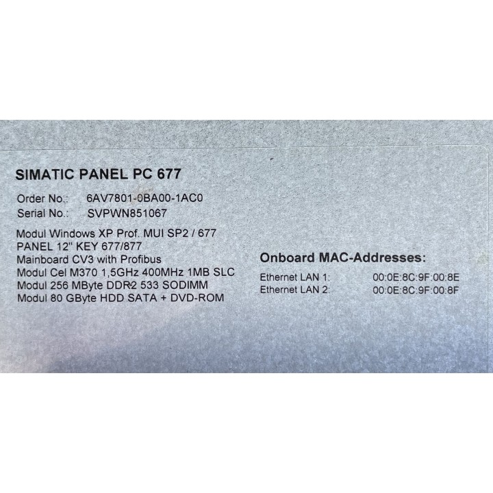 SIMATIC PANEL PC 677 SIEMENS 6AV7801-0BA00-1AC0
