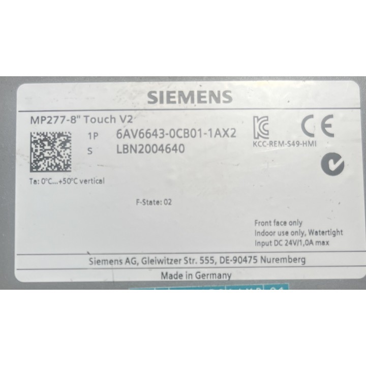 SIEMENS SIMATIC MP277-8''  Touch 6AV6643-0CB01-1AX2 Ecran tactile industriel autonome
