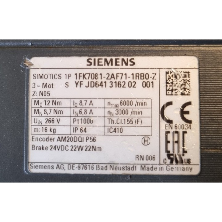 Moteur SIEMENS 1FK7081-2AF71-1RB0-Z Z=N05