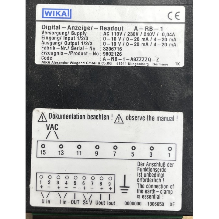 WIKA Tronic Line Digital Anzeige-Readout A-RB-1-A8ZZZZQ-Z