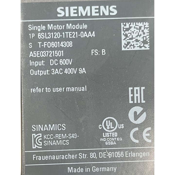 Siemens 6SL3120-1TE21-0AA4 Single Motor Module