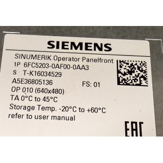 SINUMERIK operator panelfront SIEMENS 6FC5203-0AF00-0AA3