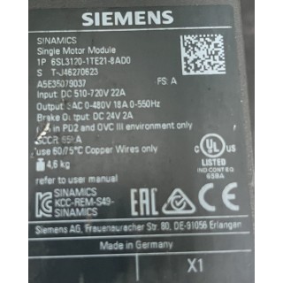 6SL3120-1TE21-8AD0 SIEMENS  S120 SINGLE MOTOR MODULE 18A