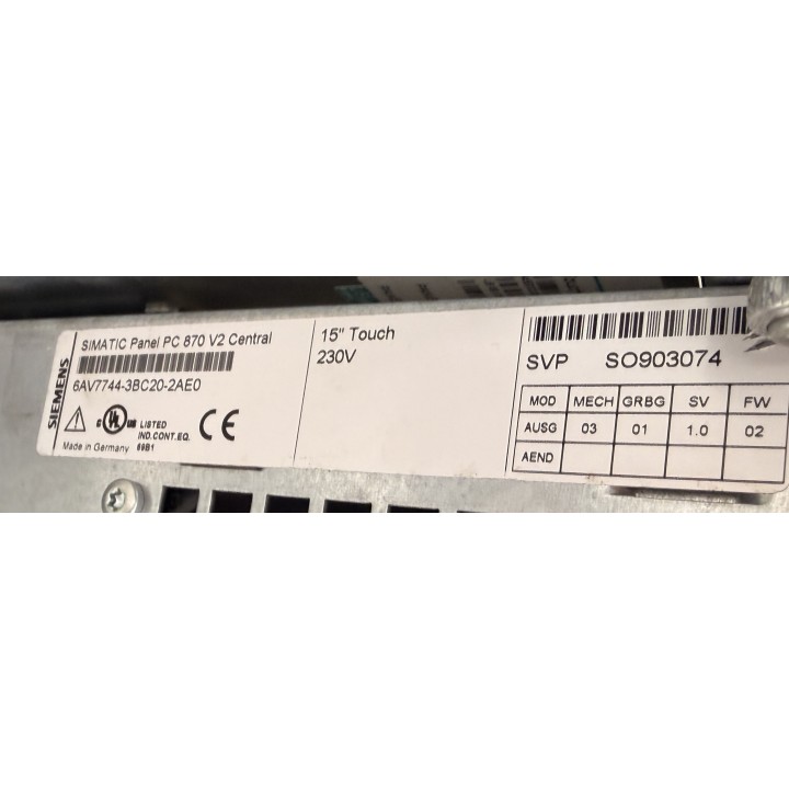 Simatic Panel PC 870 V2 15'' Touch SIEMENS 6AV7744-3BC20-2AE0 avec Siemens touch 15'' TFT SIEMENS A5E00338527