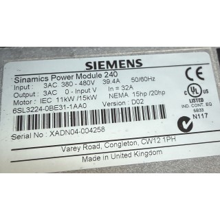 SIEMENS 6SL3224-0BE31-1UA0 Sinamics G120 PM240 Module de puissance 11kW/15kW