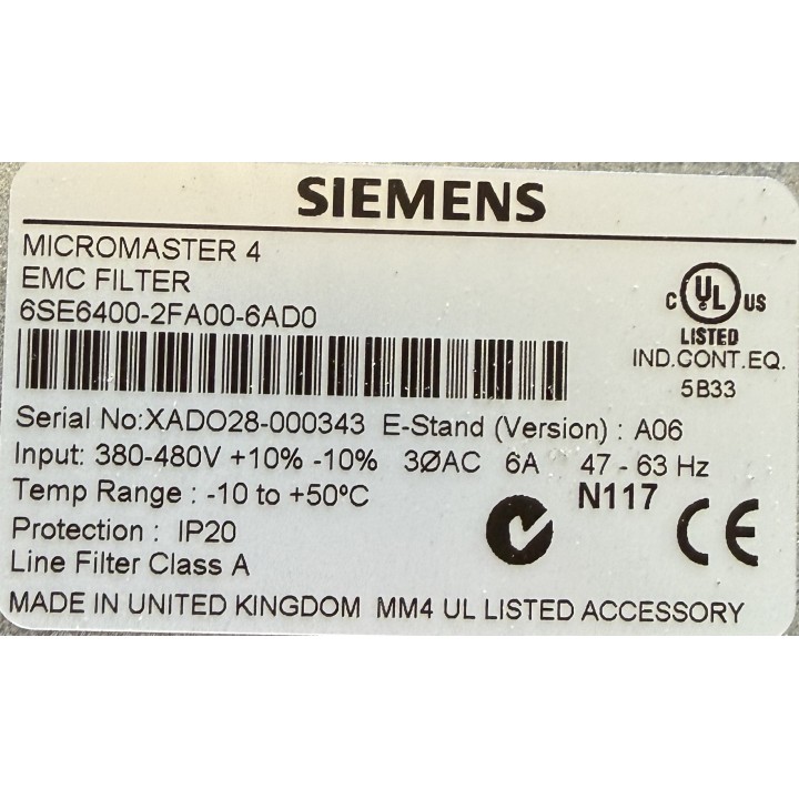 Siemens 6SE6400-2FA00-6AD0  Filtre CEM 6A, classe A, 200V-480V - Filtre pour basse tension tripolaire 6A 480V