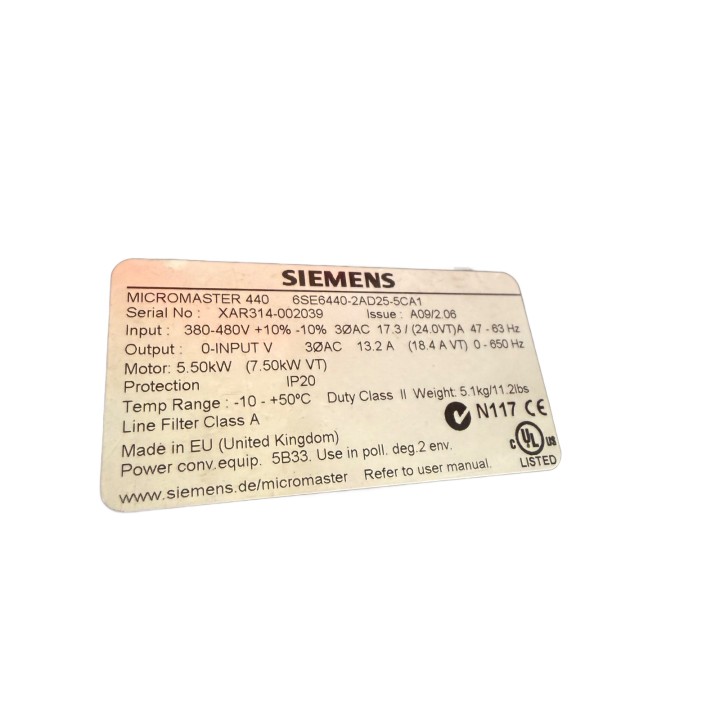 Siemens 6SE6440-2AD25-5CA1 VFD 5.5kW | Used