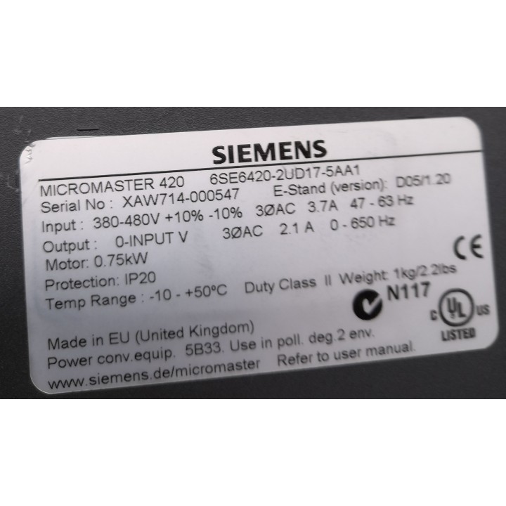 SIEMENS MICROMASTER 420 6SE6420-2UD17-5AA1 servo drive