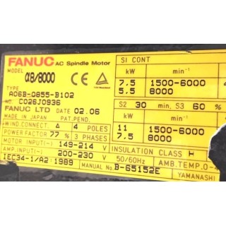 Moteur de broche FANUC ALPHA 8/8000 A06B-0855-B102