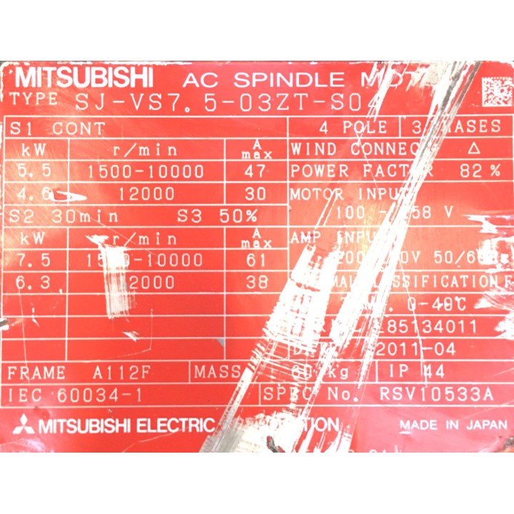 Moteur de broche MITSUBISHI 7,5 kW SJ-VS7.5-03ZT-S0
