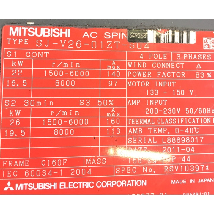 Moteur de broche MITSUBISHI SJ-V26-01ZT-S04 26kW