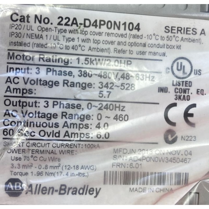 ALLEN BRADLEY 1,5kW 22A-D4P0N104
